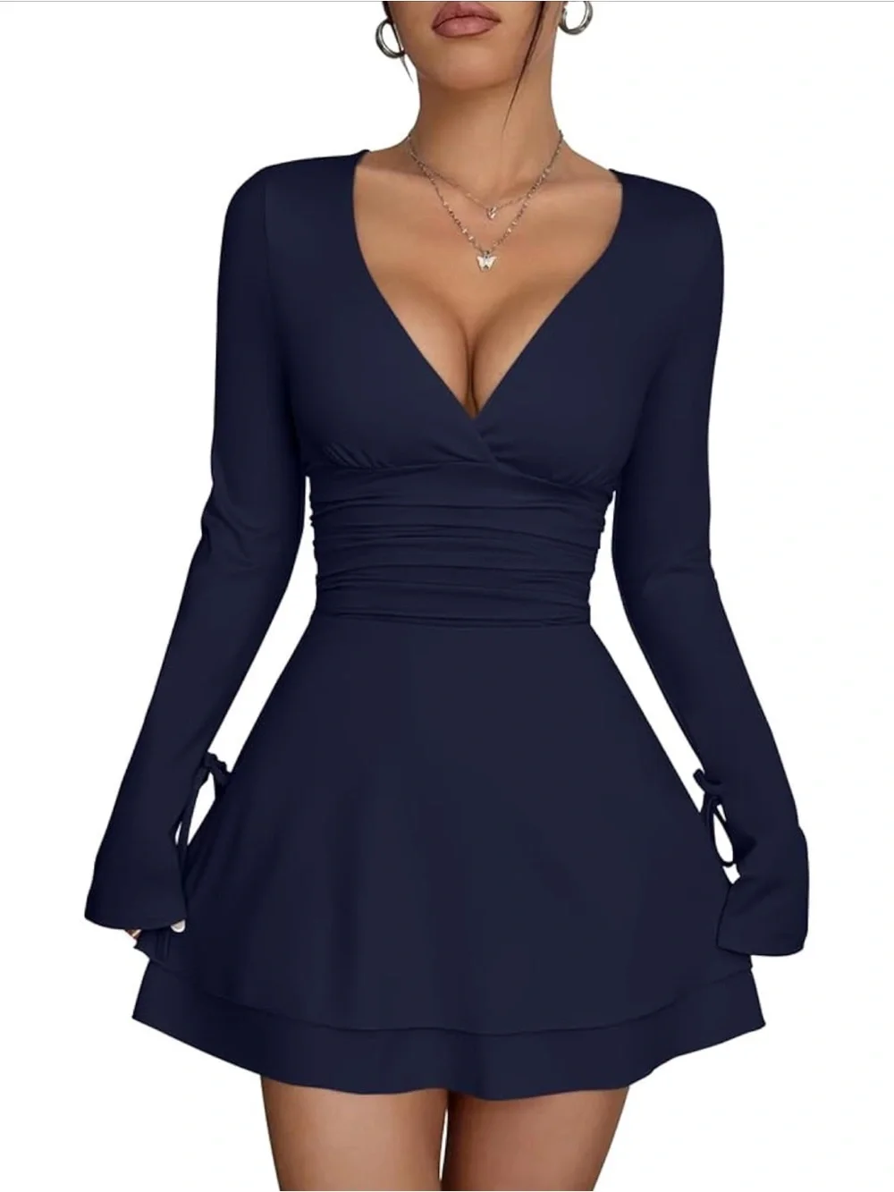 Deep V-Neck Long Sleeve Mini Dress in Navy